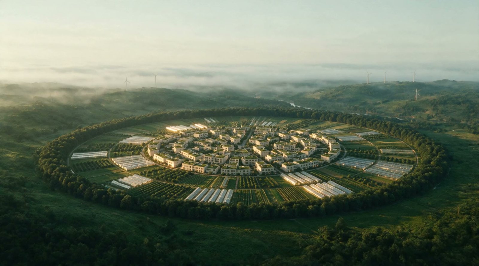 Aerial view of the circular city at dawn: white terraced buildings at the centre, glasshouse and field belts around them, the forest ring beyond.