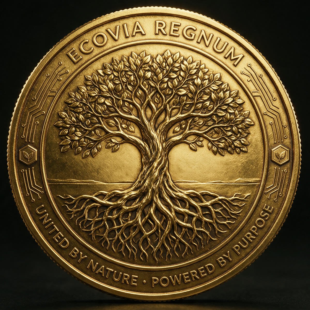 Obverse of the Ecovia Regnum coin: the tree of life in gold relief, its roots mirrored below the ground line. Legend: united by nature, powered by purpose.