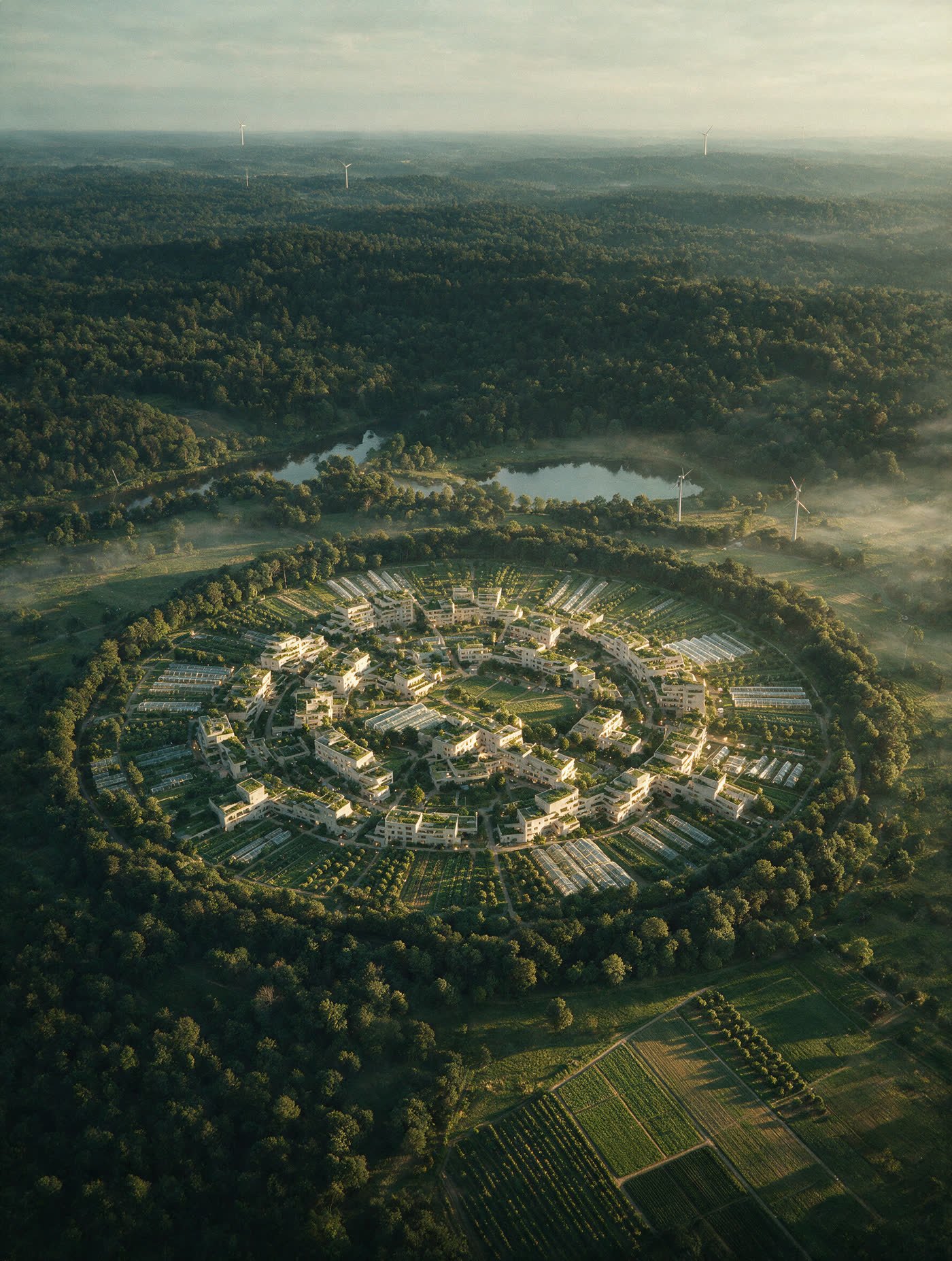 The city ring seen from high above, held inside unbroken forest, lakes and river to the north.