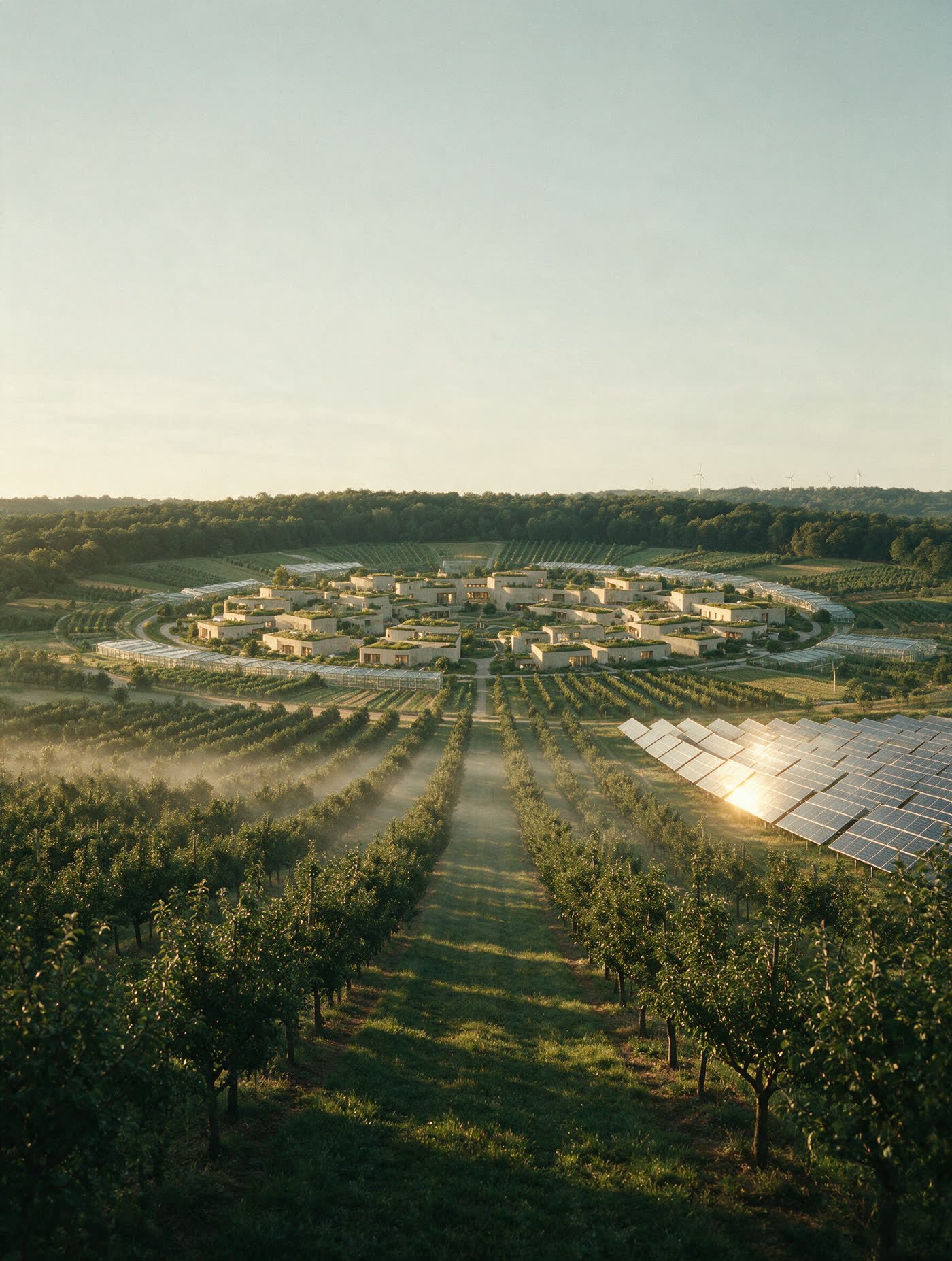 Solar collectors between orchard rows at dawn, the city ring in the middle distance.