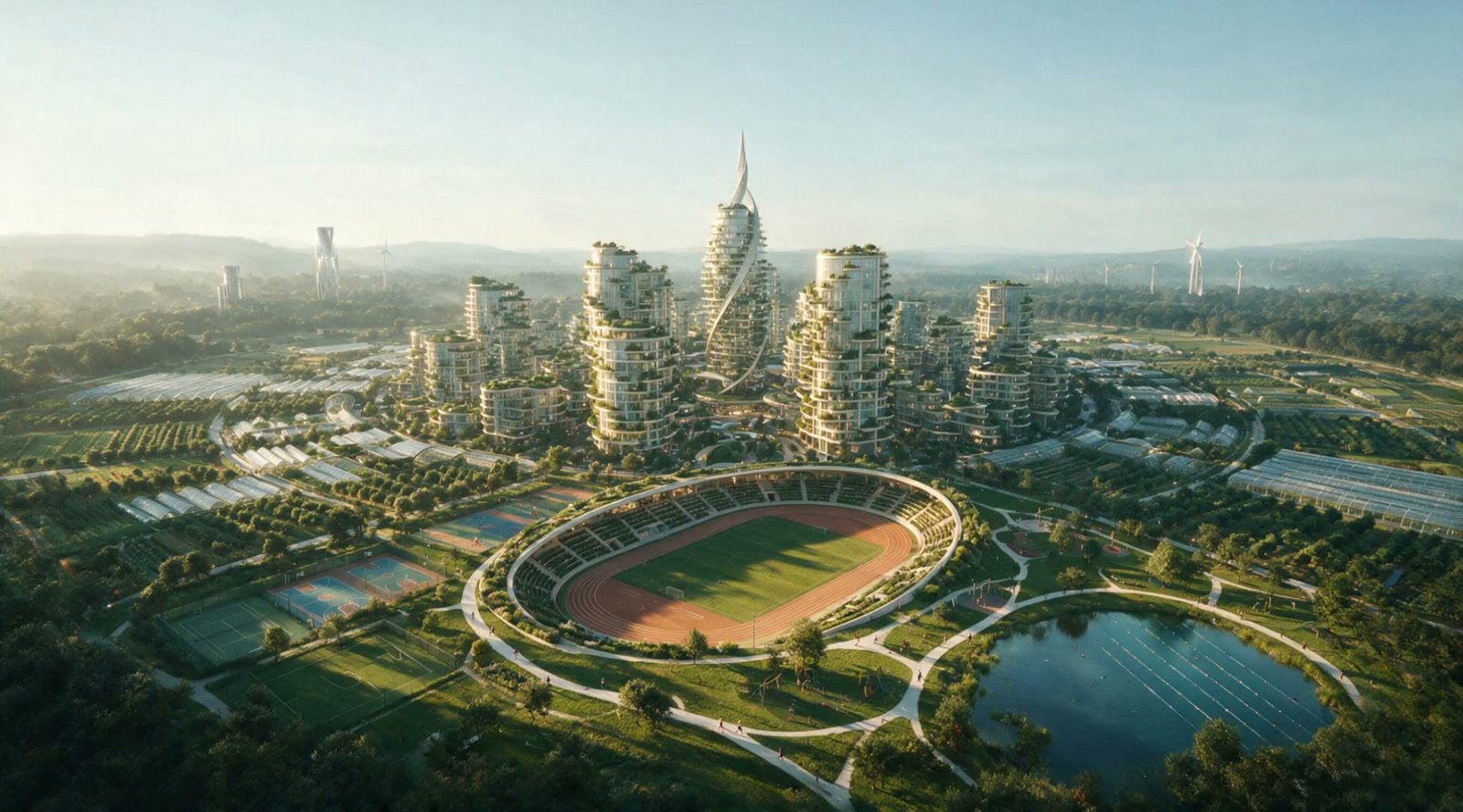 Aerial view of the sports quarter at first light: a planted stadium bowl with a terracotta running track, courts and pitches beside it, a swimming lake marked in lanes, playgrounds threaded between, the green towers and spire behind.
